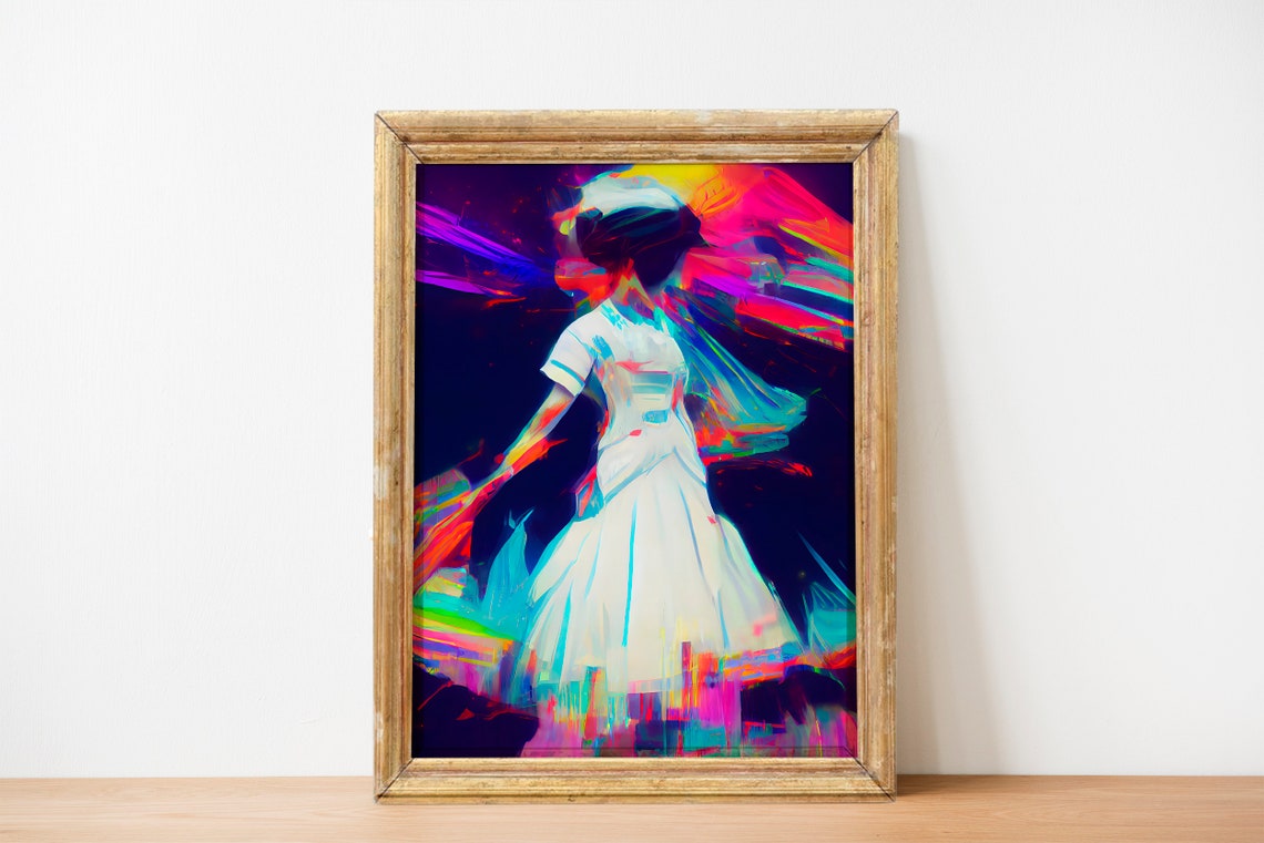 Neon Dancer in White Dress Vibrant Motion Art Painting Poster - Image 6