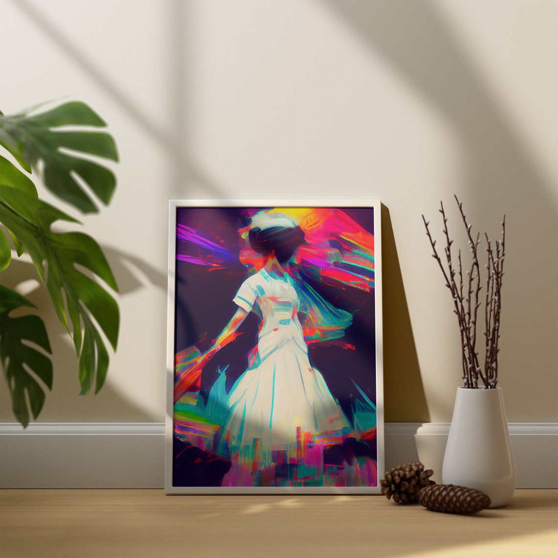 Neon Dancer in White Dress Vibrant Motion Art Painting Poster - Image 3
