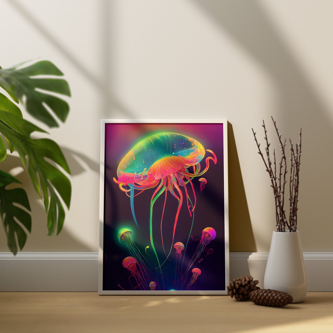 Neon Jellyfish Glowing Psychedelic Deep Ocean Life Art Poster - Image 3