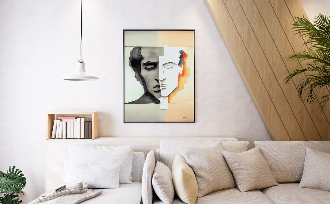 Split Face Minimalist Abstract Portrait Watercolor Modern Art Poster - Image 6