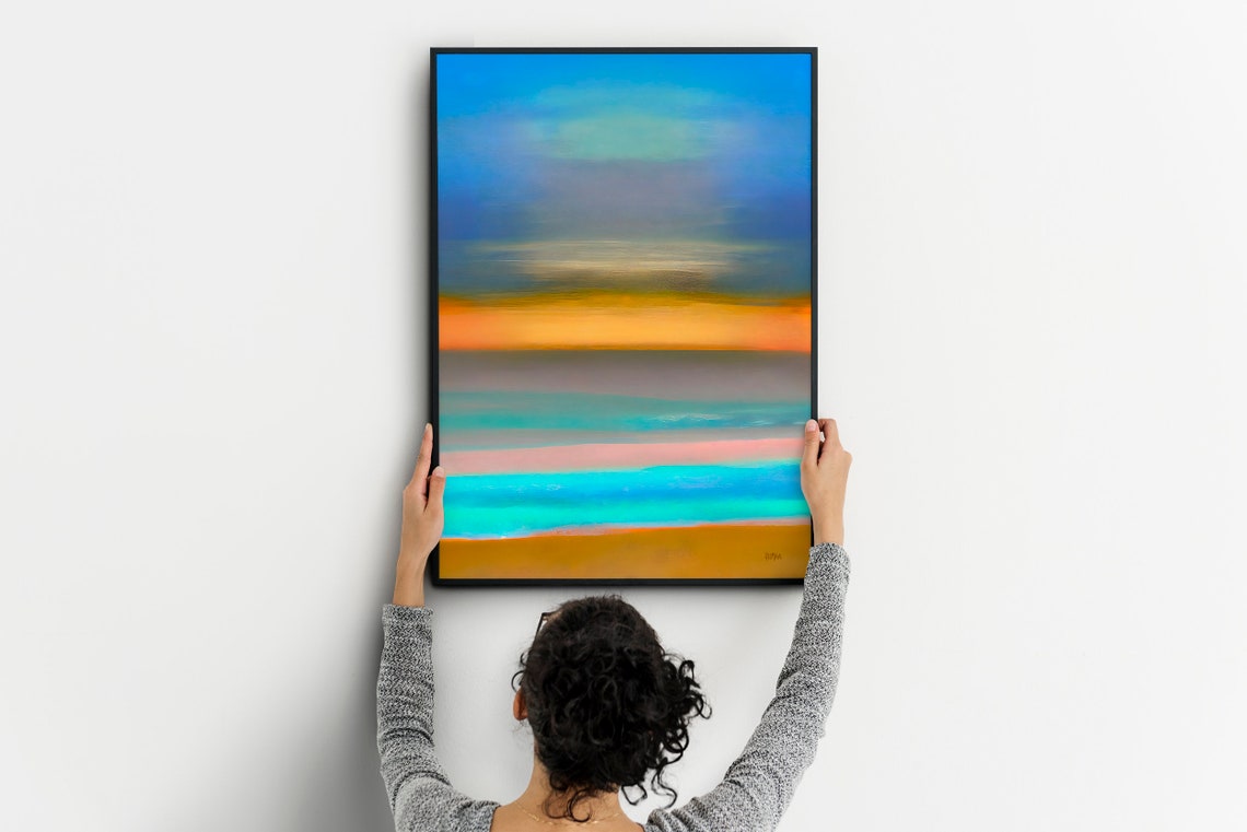 Abstract Sunset Horizon Bands Teal and Orange Painting Poster - Image 5
