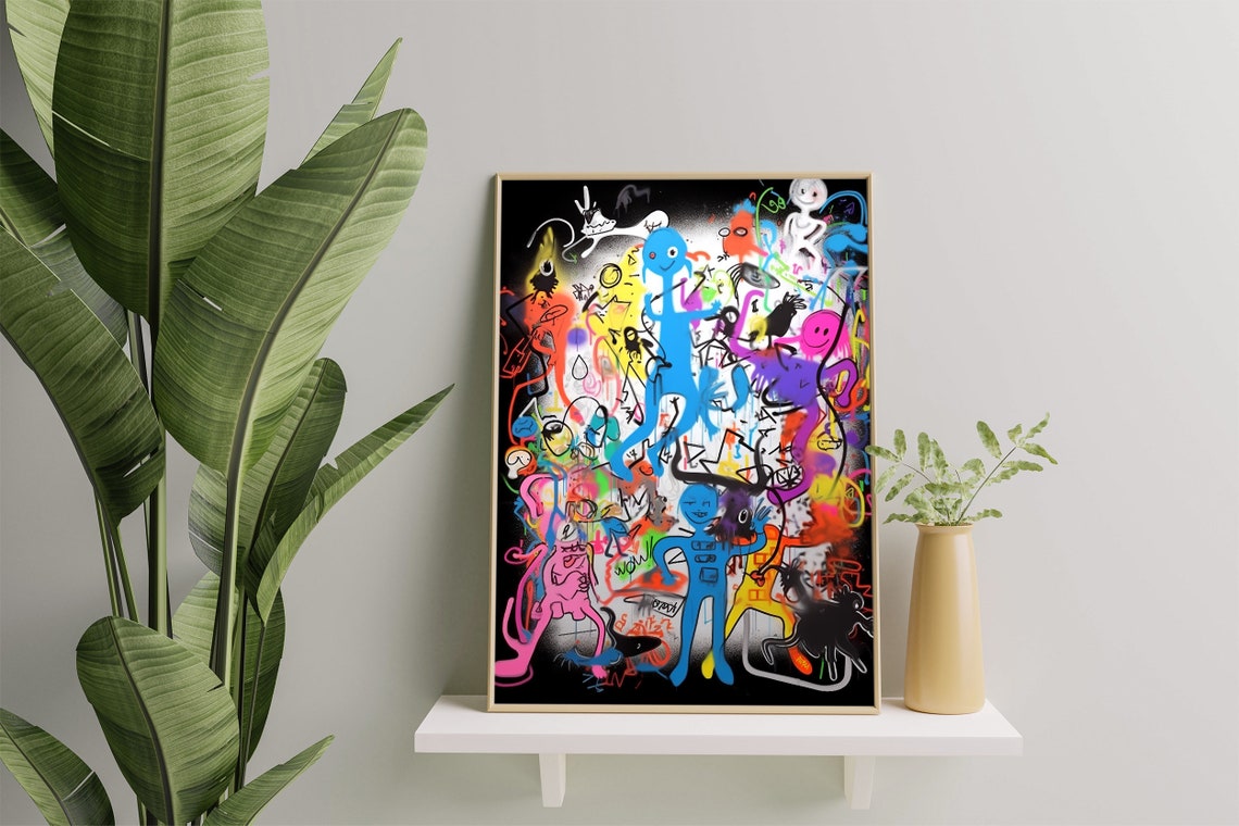 Neon Graffiti Cartoon Doodle Collage on Black Background Art Poster - Image 5