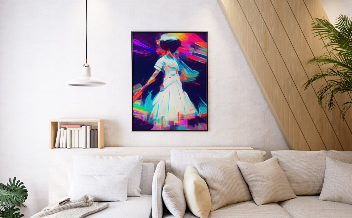 Neon Dancer in White Dress Vibrant Motion Art Painting Poster - Image 7