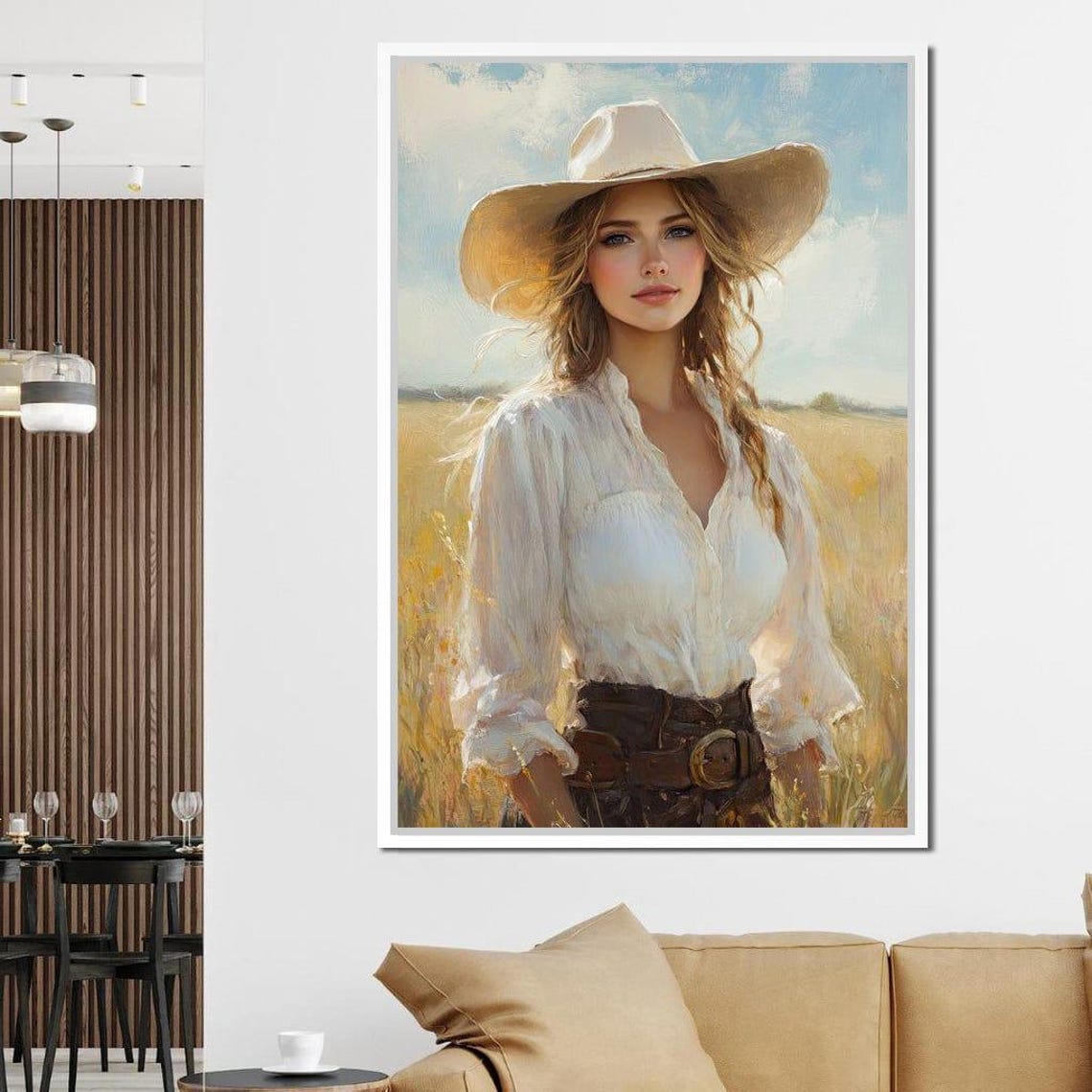 Sunlit Cowgirl Golden Fields White Hat Western Portrait Art Poster - Image 2