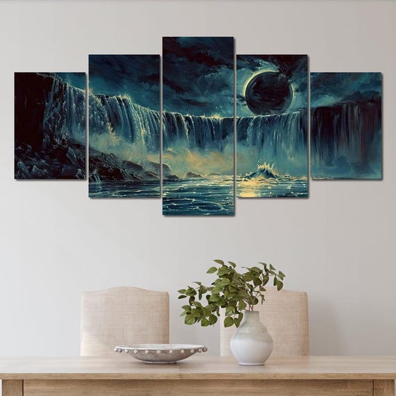 Lunar Falls Serenity Waterfall Moon Painting Serene Decor Tranquil Landscape Art Wall Art By Joce By Nichecanvas