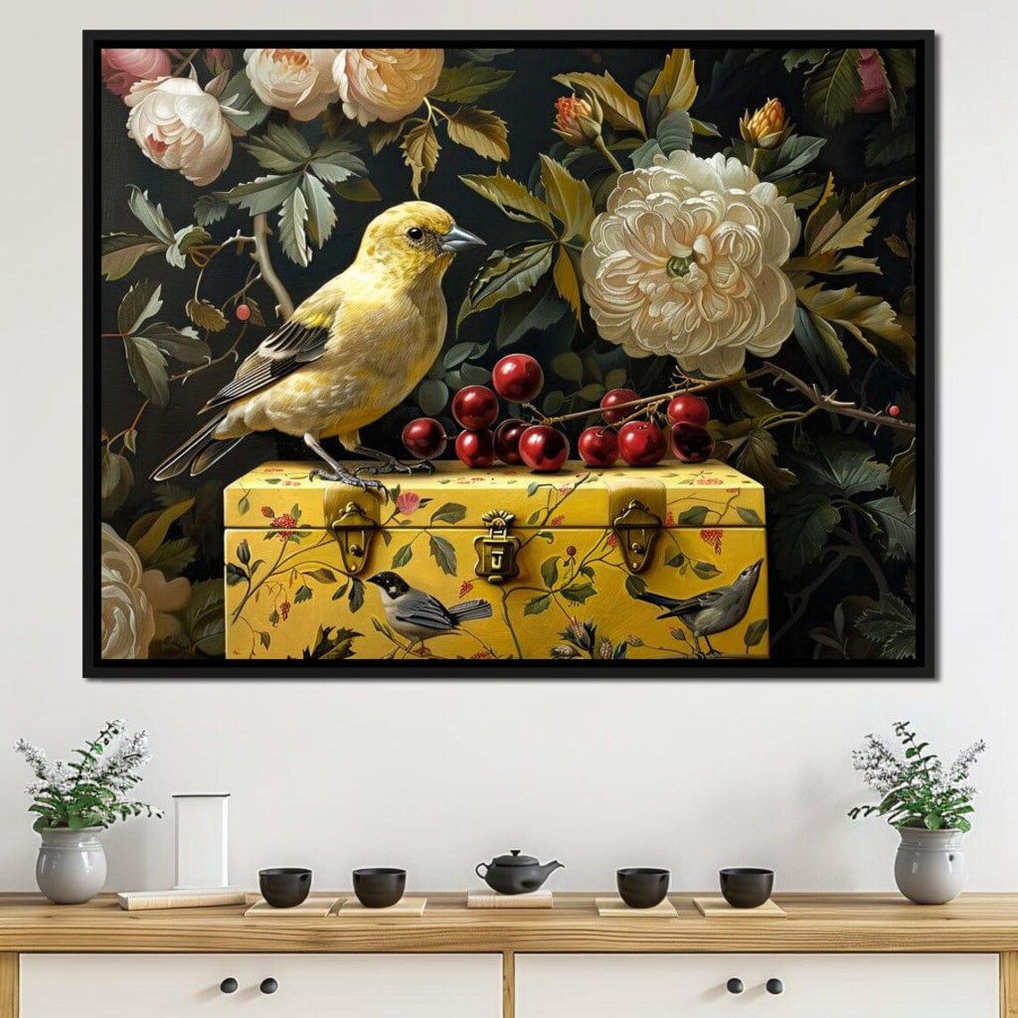 Golden Finch Peony Cherry Vintage Dark Floral Bird Wall Art Print - Image 4