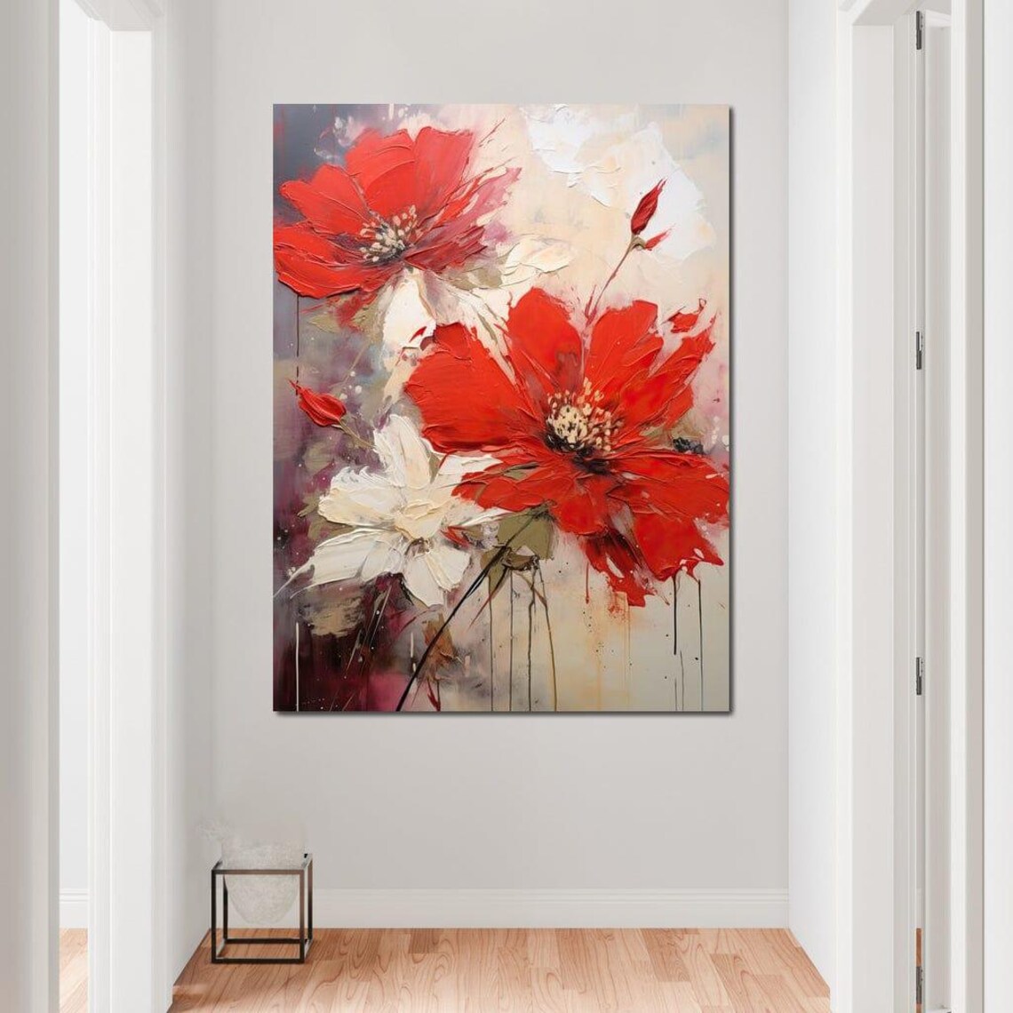Bold Red White Abstract Poppy Flowers Modern Floral Wall Art Poster - Image 3