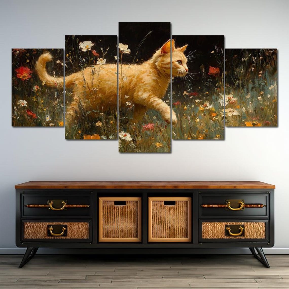 Ginger Cat Strolling Through Wildflower Meadow Night Painterly Poster - Image 4