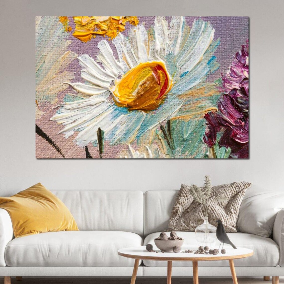 White Daisy Impasto Oil Painting Thick Brushstroke Floral Print - Image 4