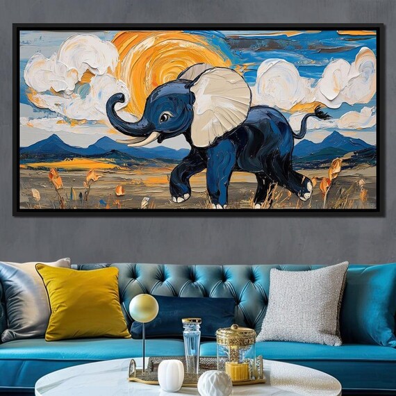 Baby Elephant Golden Sunset Savanna Impasto Oil Painting Style Poster