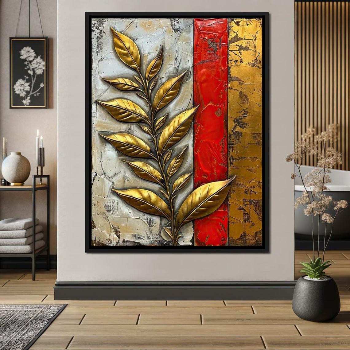 Gold Leaf Branch Red White Textured Abstract Botanical Wall Poster
