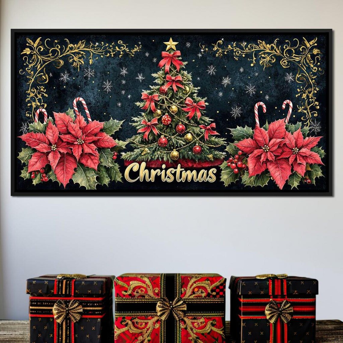 Christmas Tree Poinsettia Candy Cane Gold Lettering Holiday Poster - Image 2