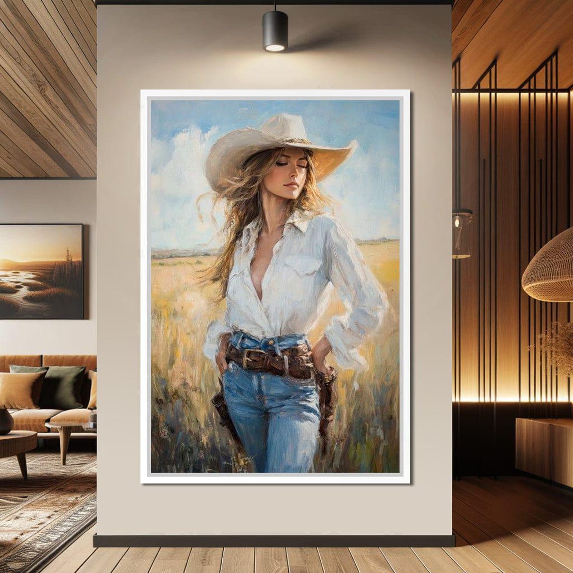 Sunlit Cowgirl White Hat Golden Wheat Field Western Art Poster - Image 2