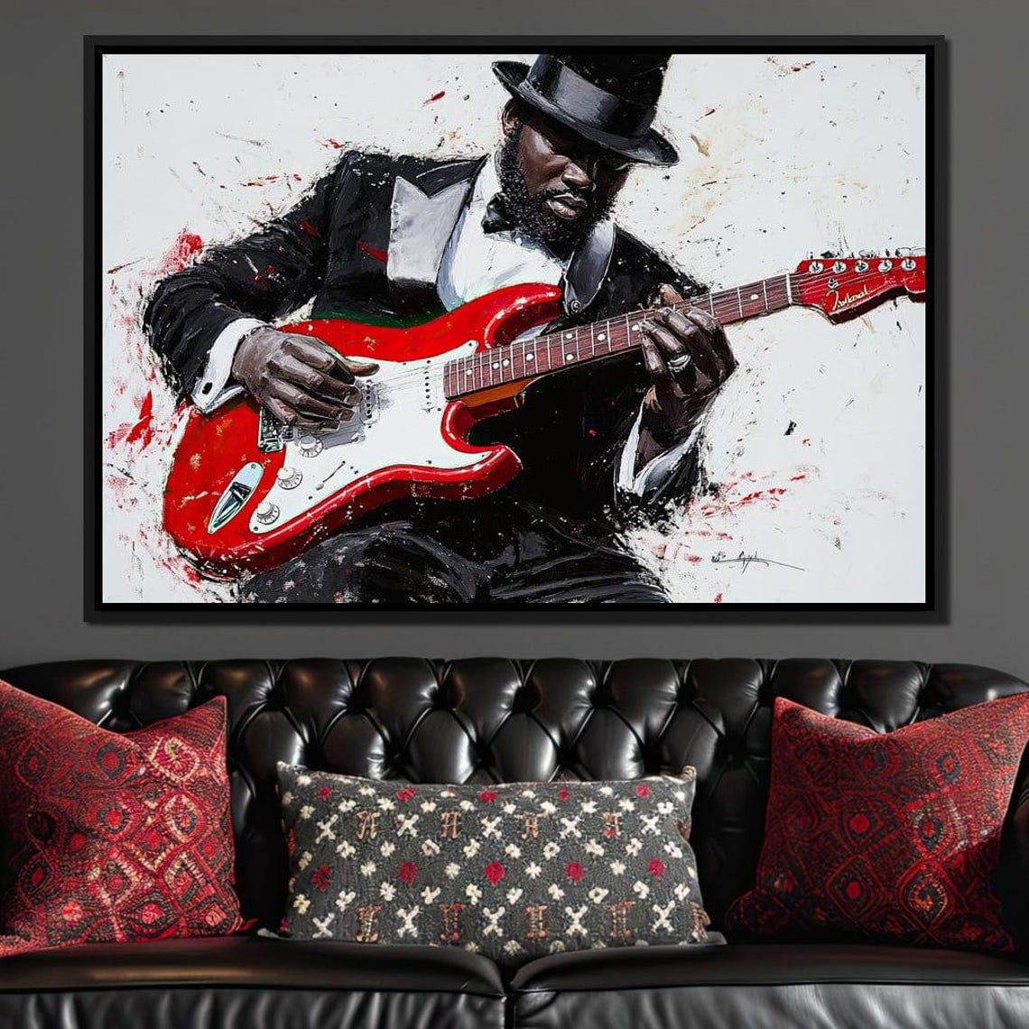 Jazz Musician Red Electric Guitar Splatter Framed Music Wall Art