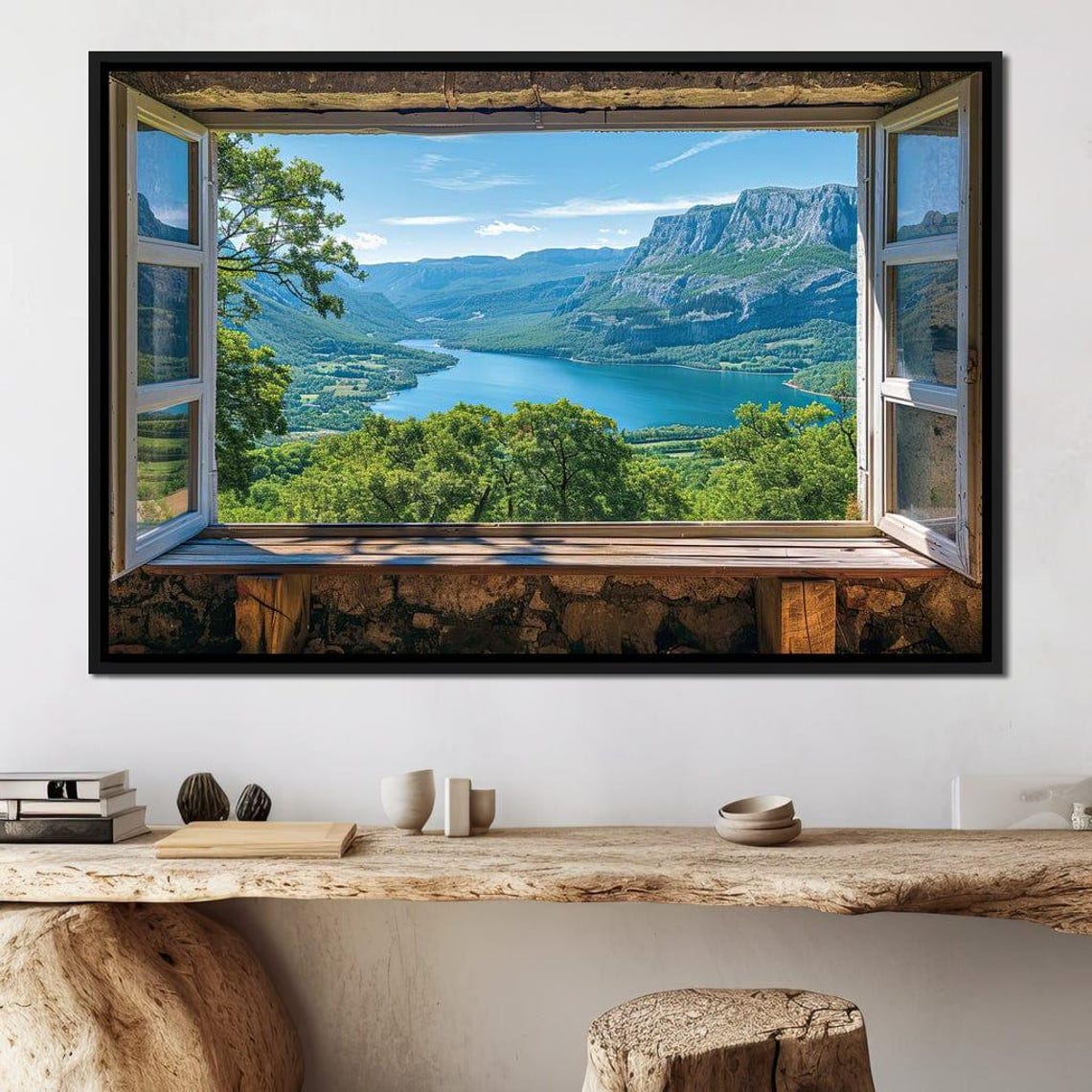 Open Window View Mountain Lake Serene Scenic Landscape Poster - Image 4