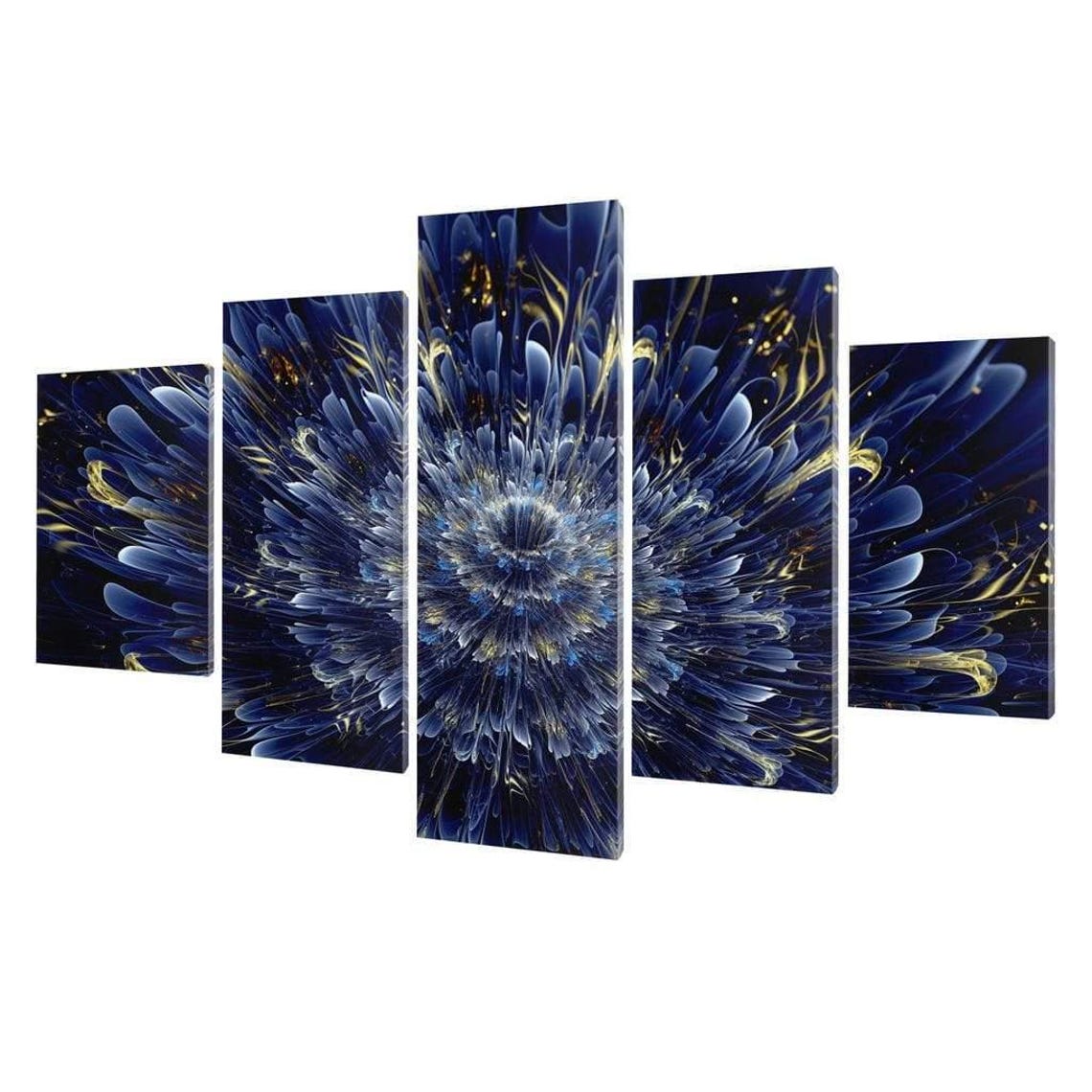 Deep Blue Fractal Dahlia Bloom Gold Accents Modern Abstract Poster - Image 3