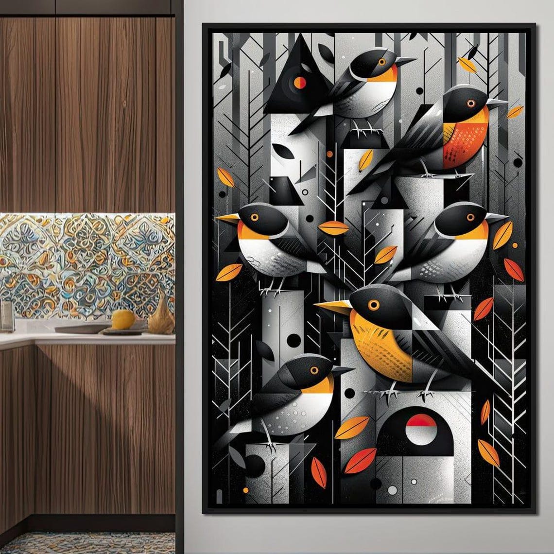 Six Geometric Songbirds Orange Breasts Autumn Forest Wall Art
