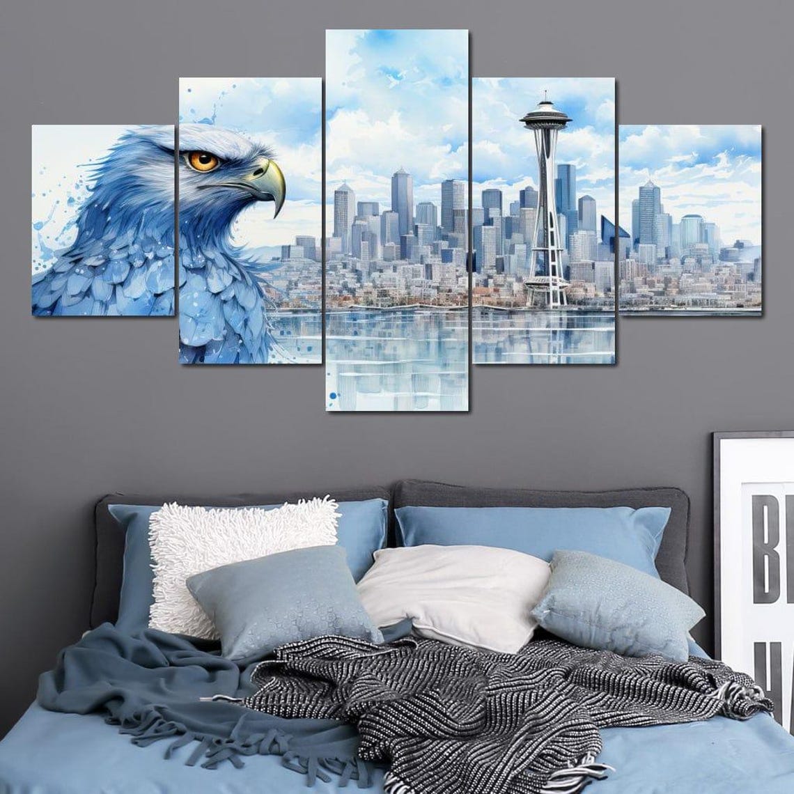 Seattle Skyline Space Needle Blue Eagle Watercolor Art Print Decor - Image 4