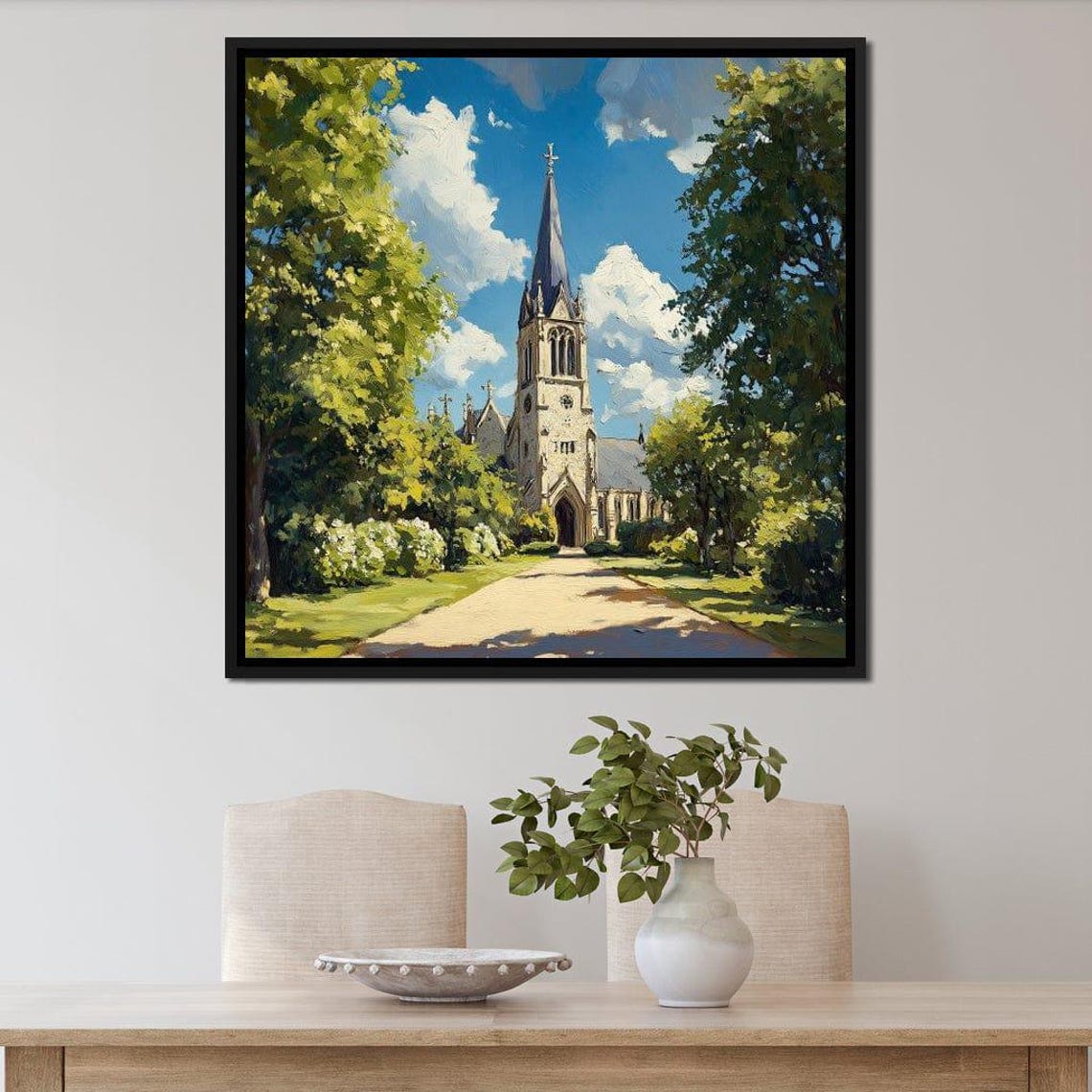 Stone Church Tall Spire Tree Lined Path Sunny Day Landscape Art Poster - Image 2