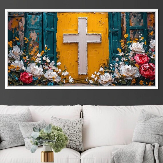 Christian Cross On Yellow Door Surrounded By Colorful Flowers Faith Wall Poster