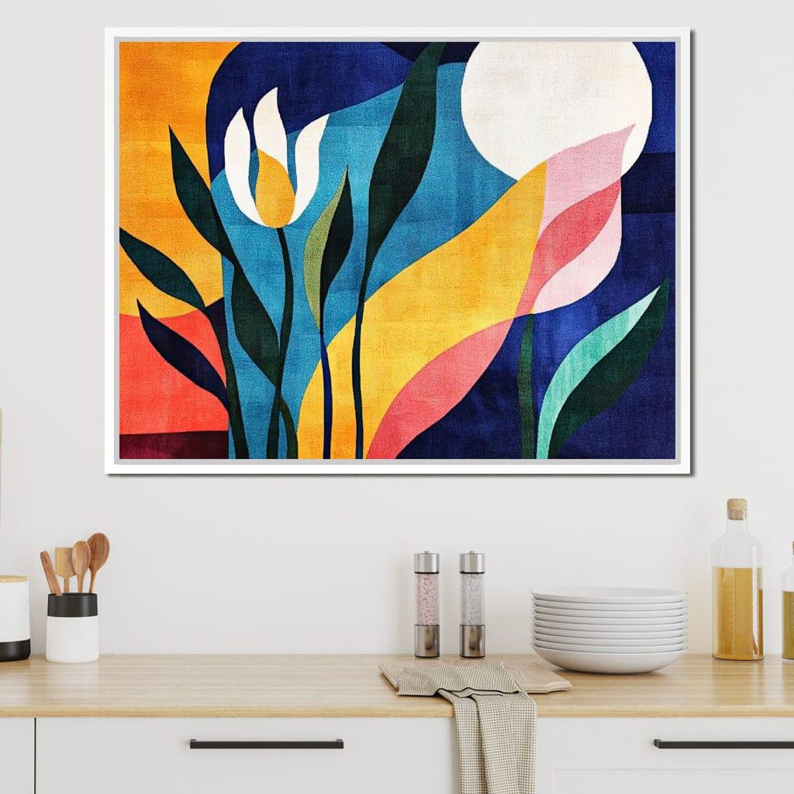 Bold Abstract Tulips Moon Sun Navy Yellow Pink Modern Botanical Poster - Image 4
