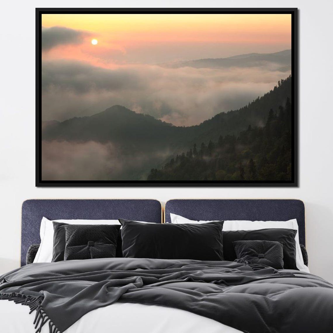 Foggy Mountain Sunrise Mist Over Forest Peaks Serene Landscape Poster - Image 2