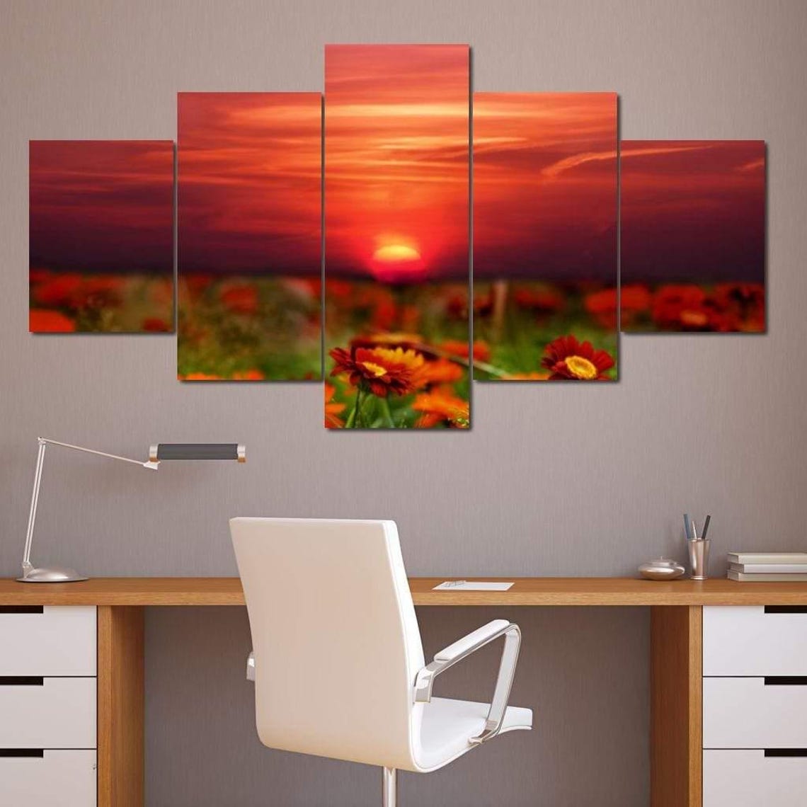 Fiery Sunset Over Daisy Flower Field Red Sky Landscape Art Poster - Image 4