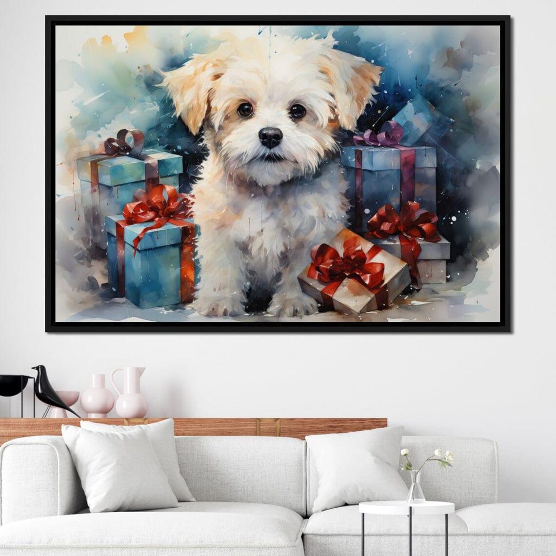 White Fluffy Puppy Christmas Gifts Watercolor Holiday Dog Art Print - Image 2