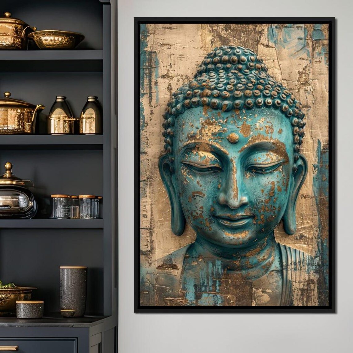 Serene Teal Buddha Face Gold Accents Zen Spiritual Wall Art Poster - Image 4