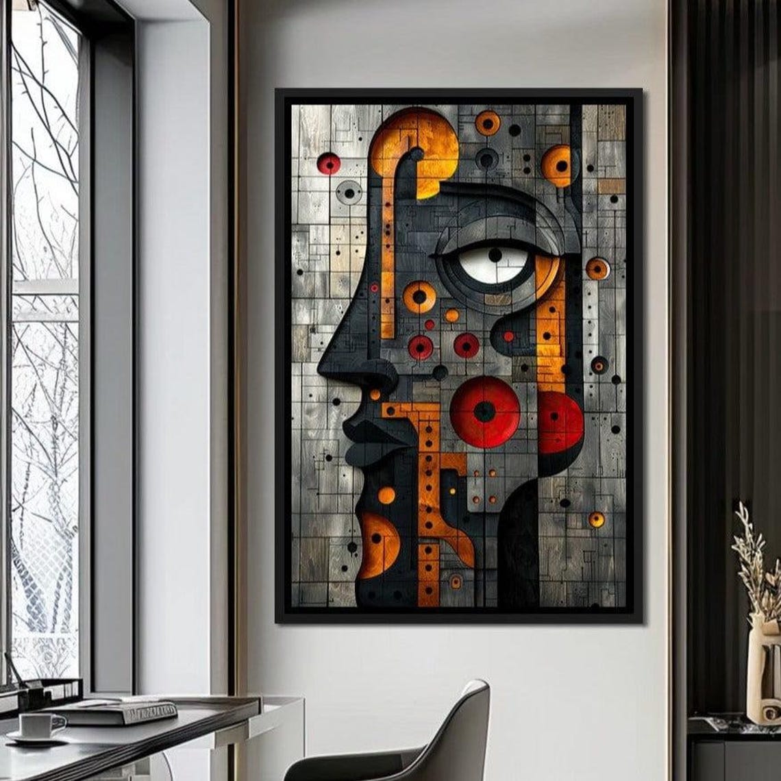 Geometric Abstract Face Profile Bold Orange Red Gray Cubist Art Print - Image 4