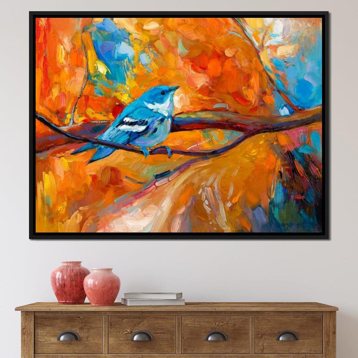 Blue Songbird Branch Fiery Orange Abstract Colorful Bird Painting Art - Image 2