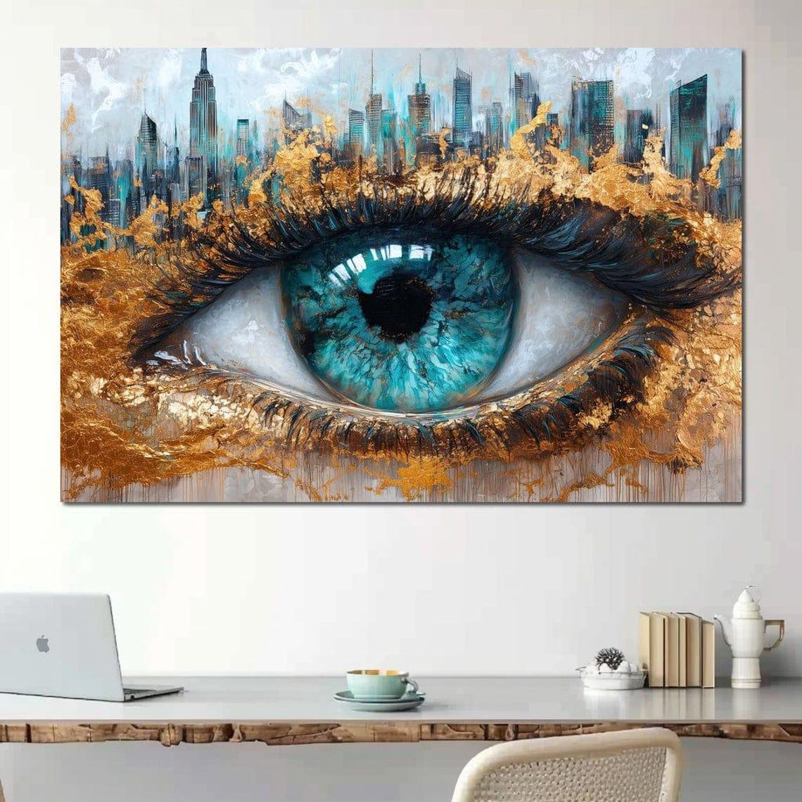 Teal Blue Abstract Eye City Skyline Gold Leaf Modern Bold Art Poster - Image 2