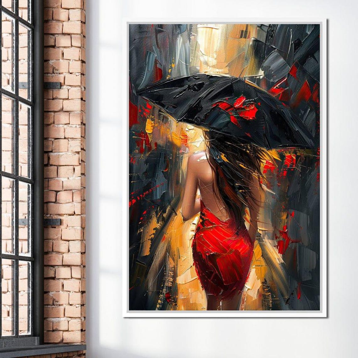 Rainy Stroll In Bold Brushwork Print Romantic Wall Art Modern Home Decor Abstract Painting Red Dress By Nichecanvas - Image 3