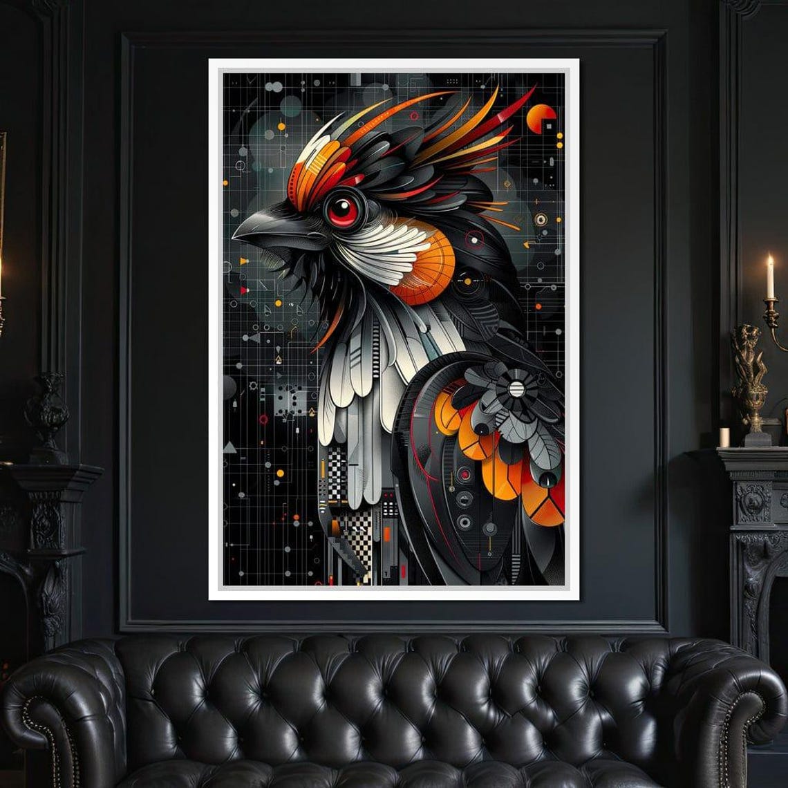 Futuristic Mechanical Raven Orange Black Geometric Steampunk Wall Art - Image 2
