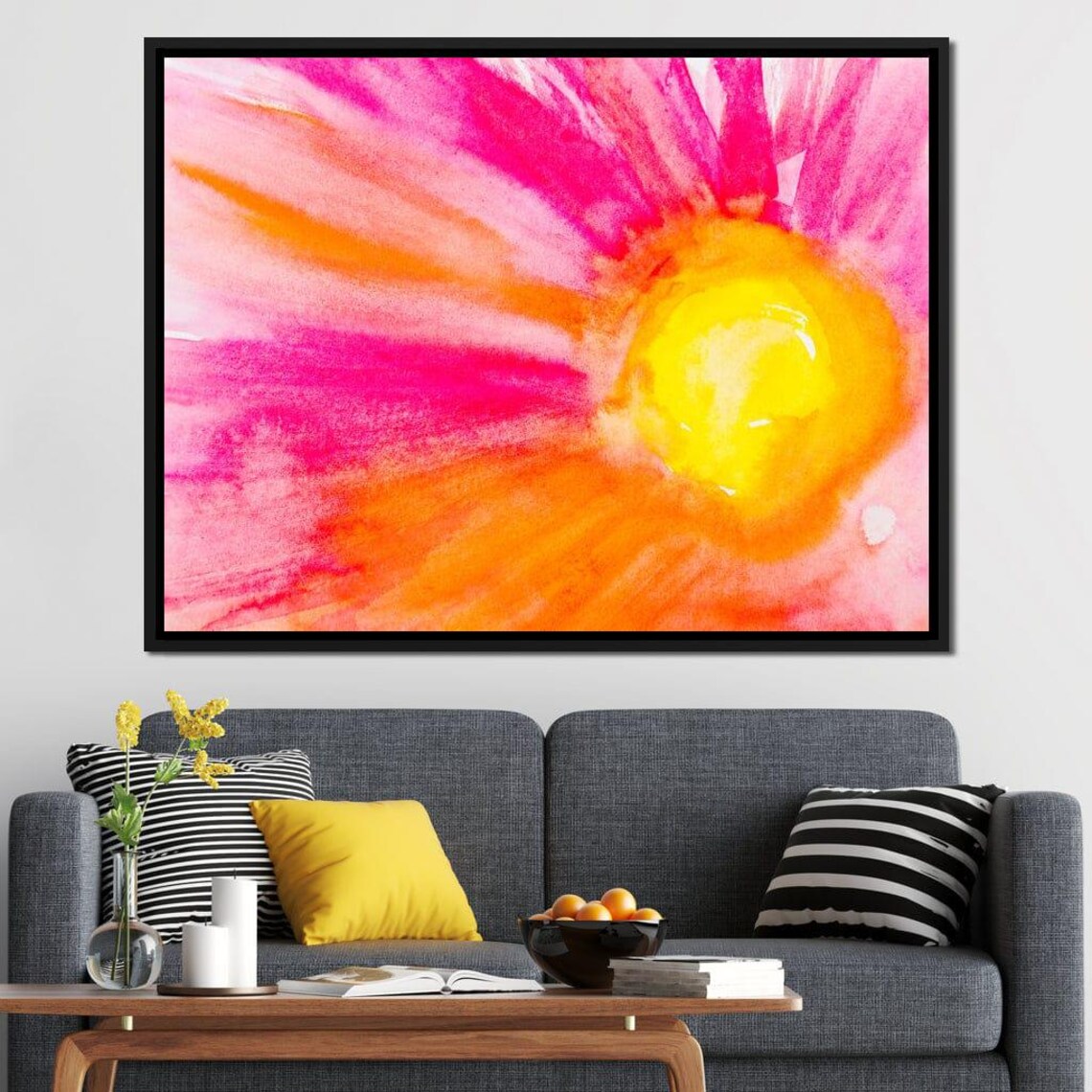 Pink Orange Watercolor Flower Sunburst Petals Bright Floral Art Poster - Image 2