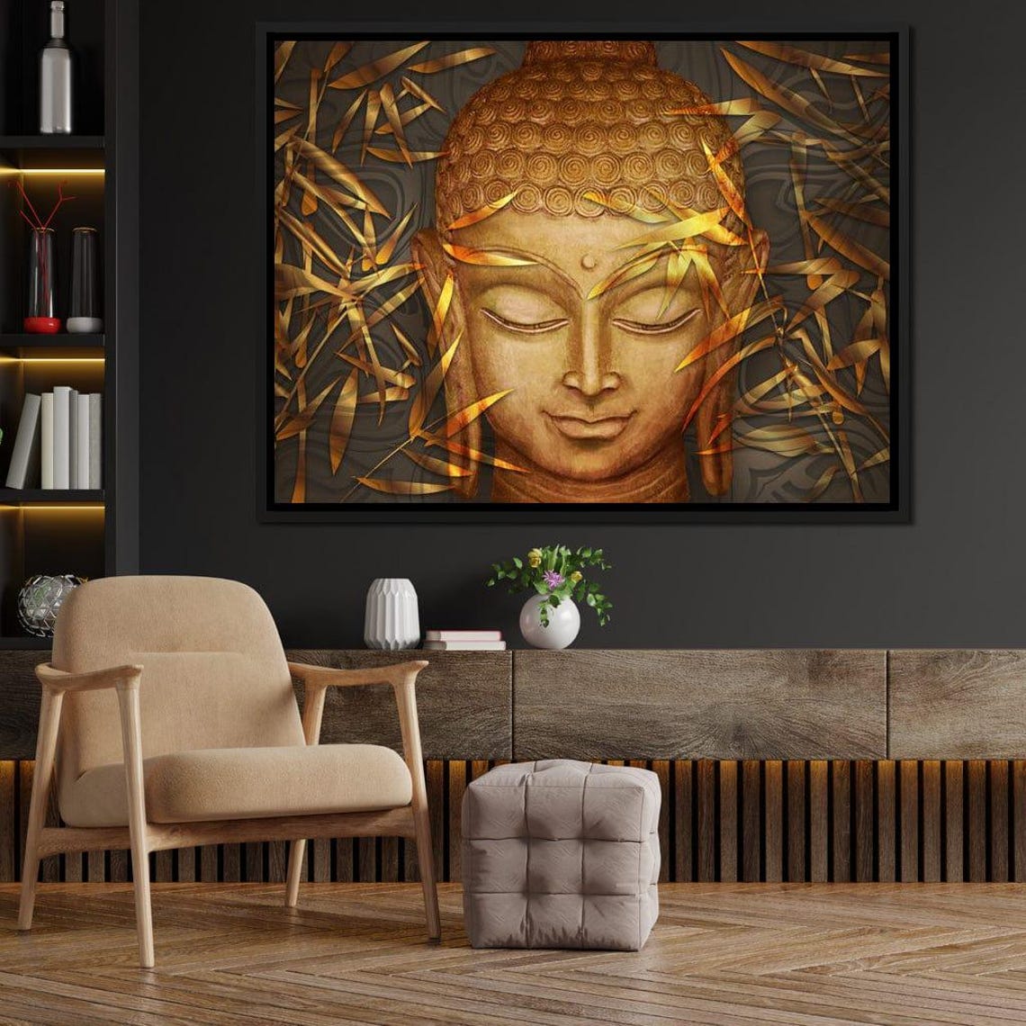 Golden Buddha Face With Bamboo Leaves Serene Zen Meditation Art Poster