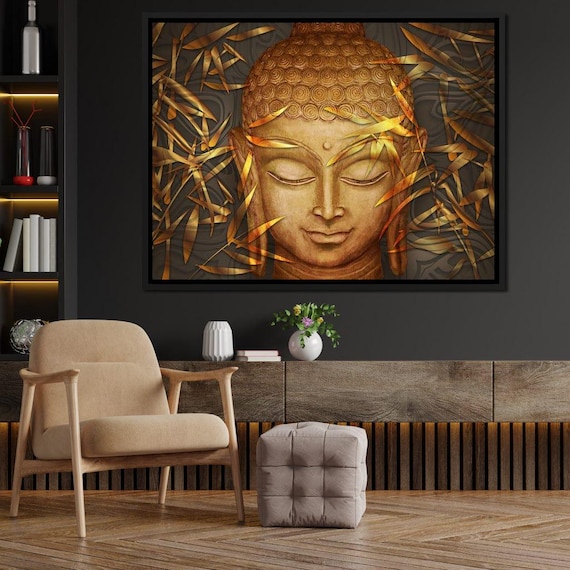 Golden Buddha Face With Bamboo Leaves Serene Zen Meditation Art Poster