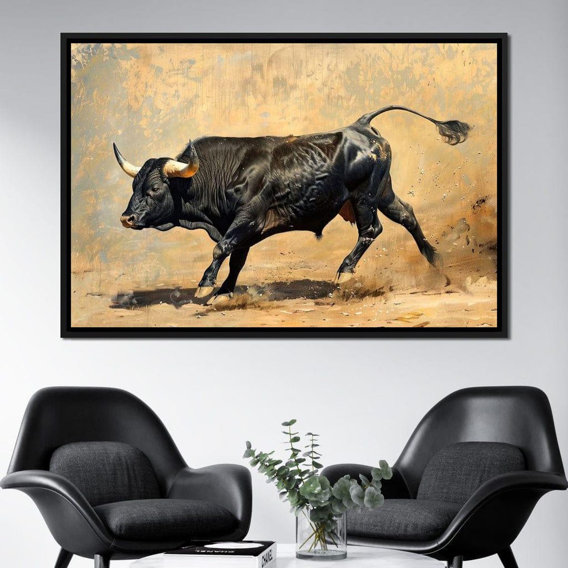 Charging Black Bull Powerful Beast Golden Dust Animal Art Poster - Image 2