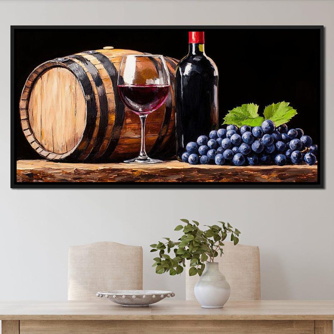 Vintage Vino Wine Barrel Bottle Glass Dark Grapes Rustic Art Poster - Image 2