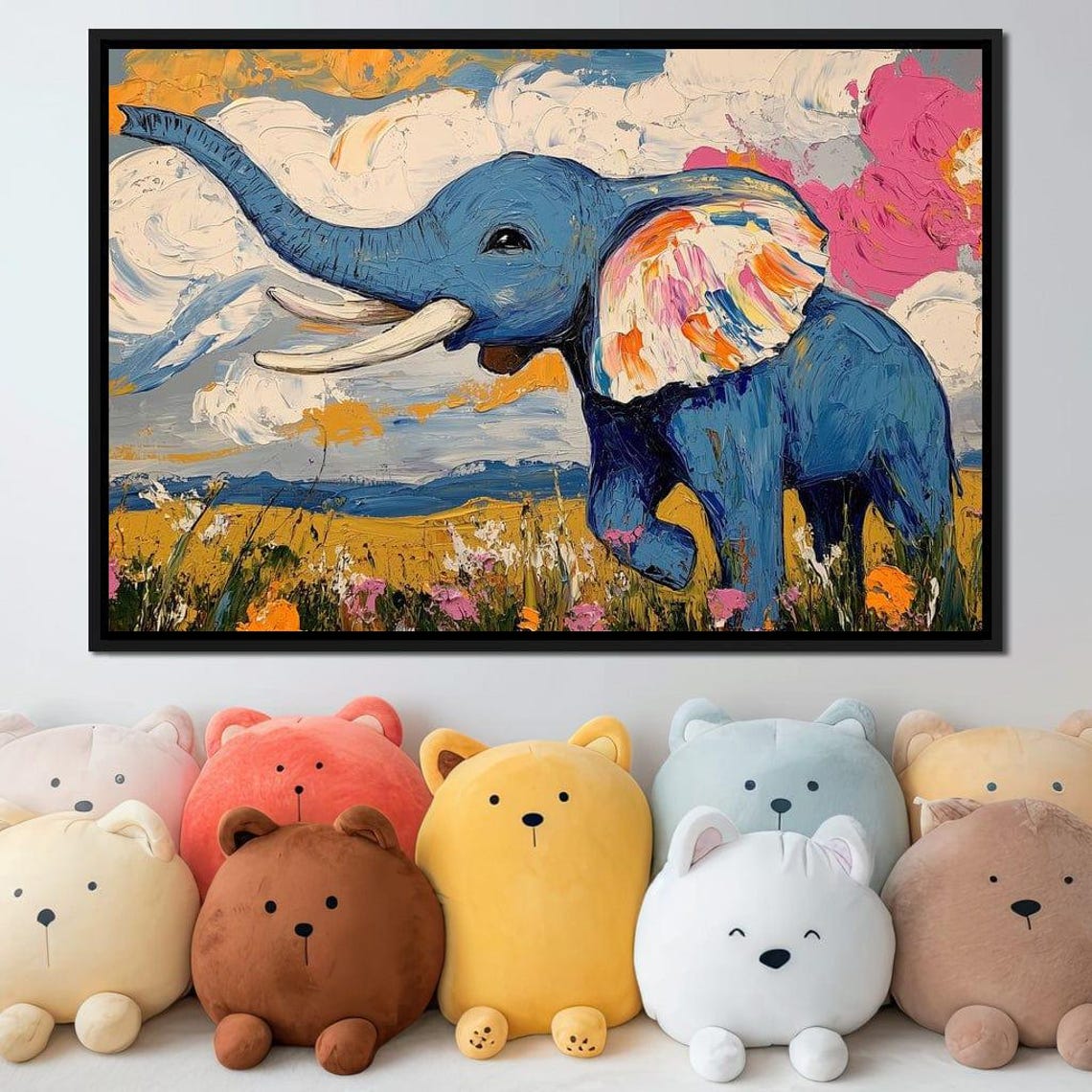 Dancing Blue Elephant Flower Field Colorful Clouds Impasto Art Poster - Image 2