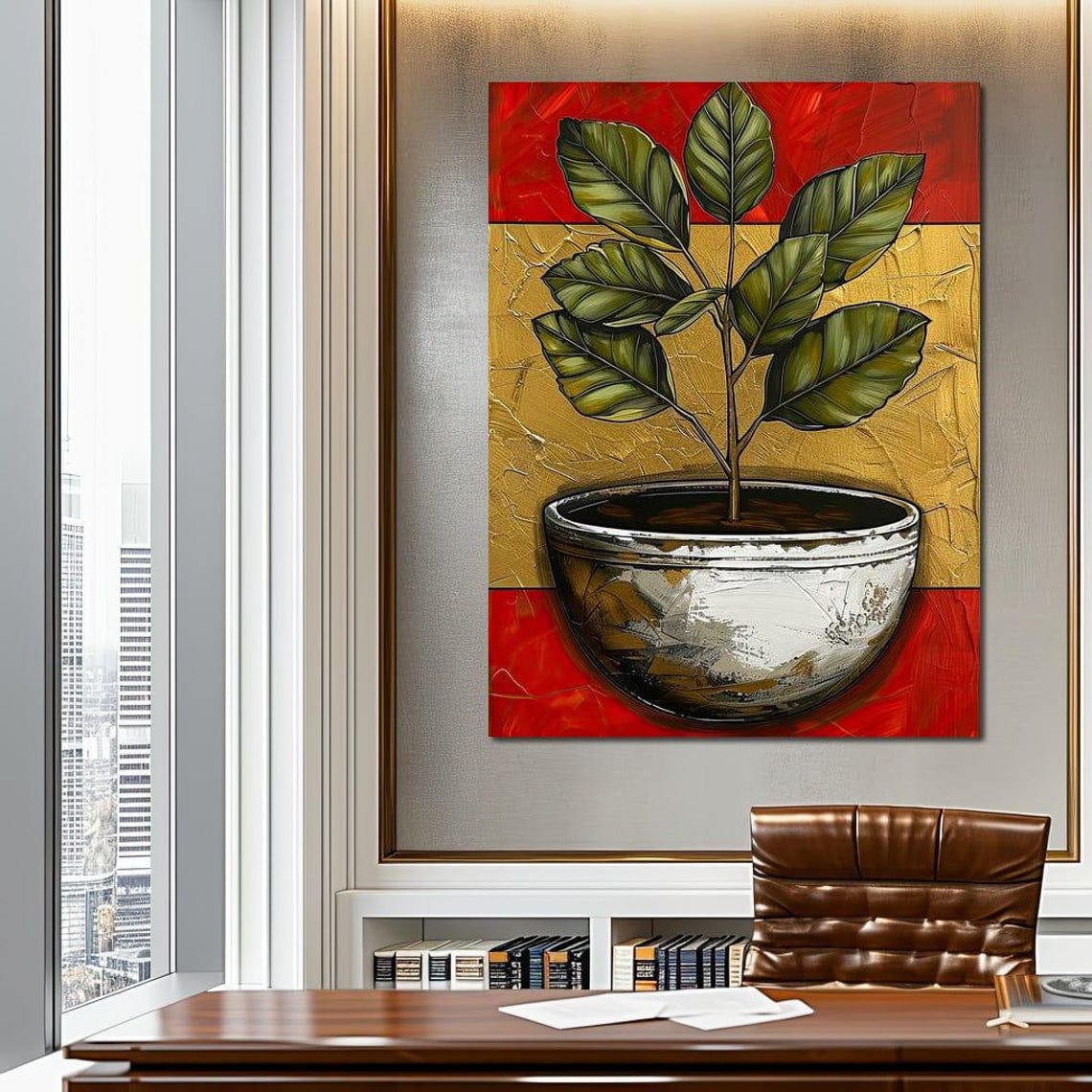 Potted Green Plant Gold Red Background Botanical Modern Art Print - Image 2