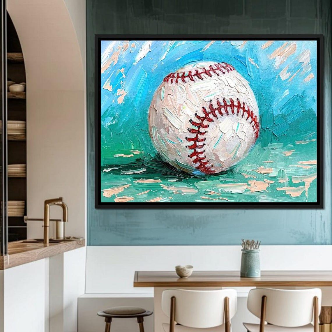 Baseball Oil Painting Teal Background Impasto Sports Art Wall Print - Image 3