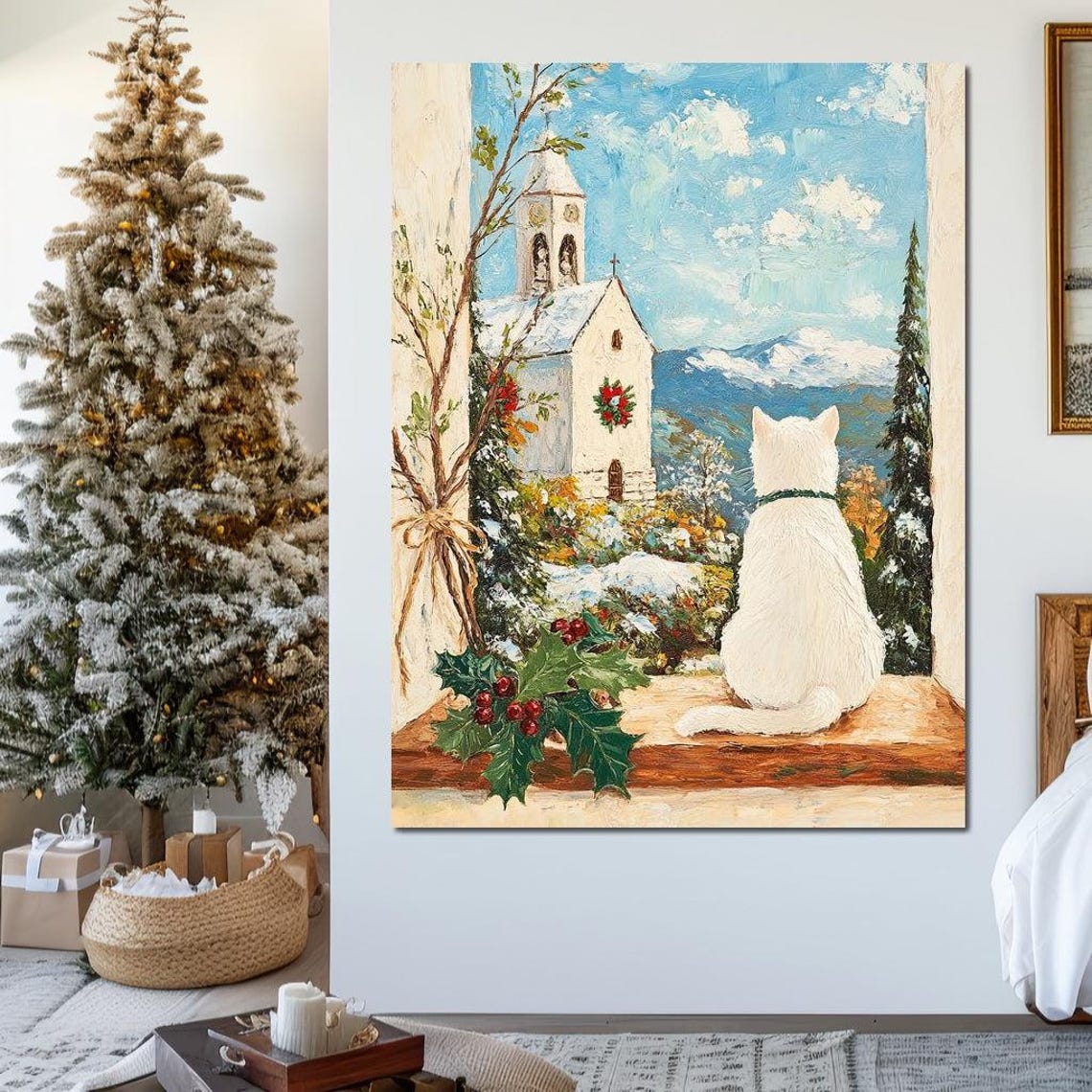 White Cat At Window Watching Snowy Chapel With Wreath Winter Poster - Image 2