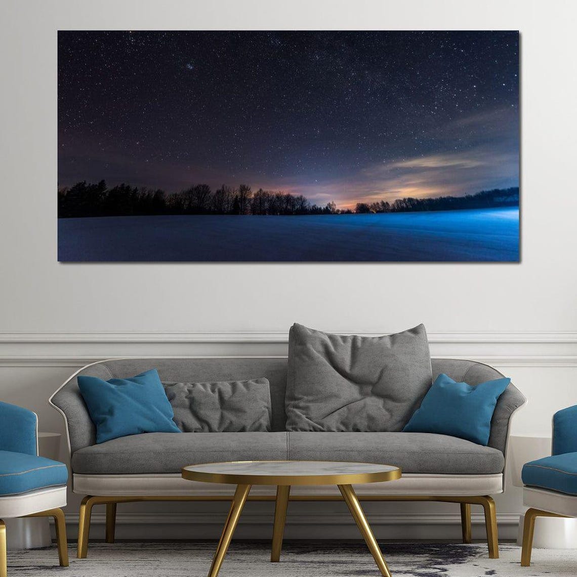 Starry Night Over Snowy Field Winter Forest Silhouette Sky Art Poster - Image 2