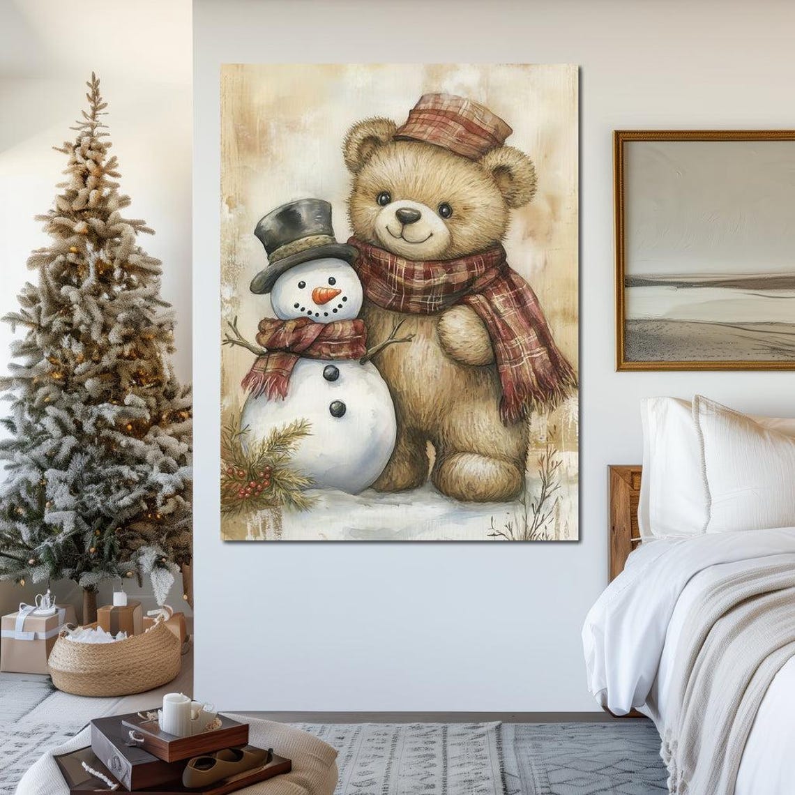 Teddy Bear And Snowman Friends Vintage Christmas Holiday Poster - Image 2
