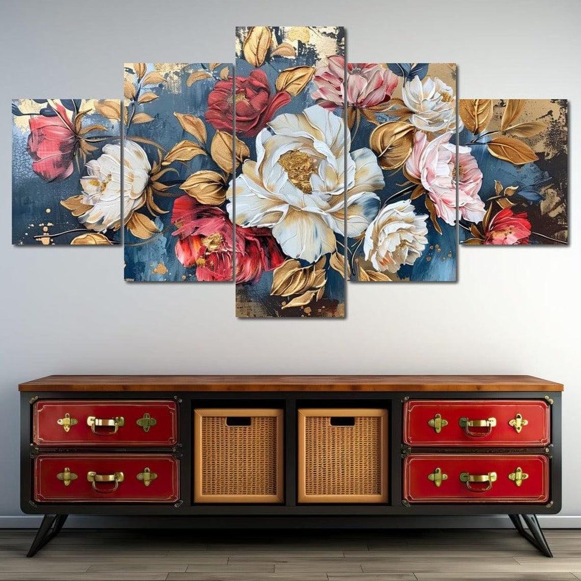 Peony Rose Bouquet Gold Leaves Five Panel Floral Wall Art Poster