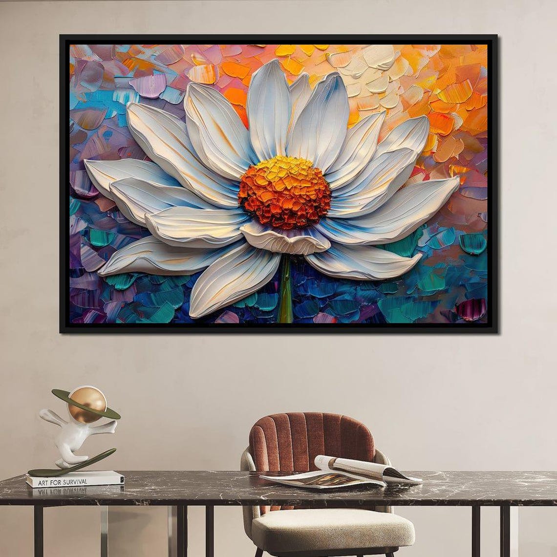 Giant White Daisy Orange Center Bold Colorful Floral Wall Art Poster - Image 2