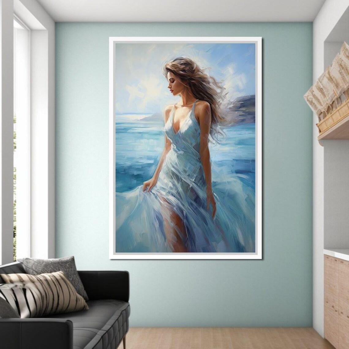 Woman Flowing Blue Dress Ocean Coast Serene Fashion Art Print - Image 3