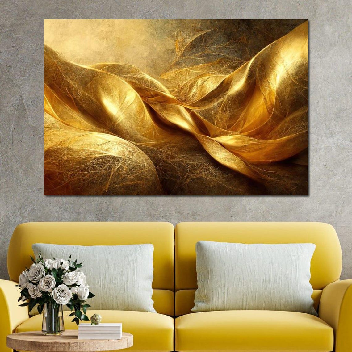 Golden Silk Fabric Waves Five Panel Luxe Abstract Wall Art Poster - Image 3