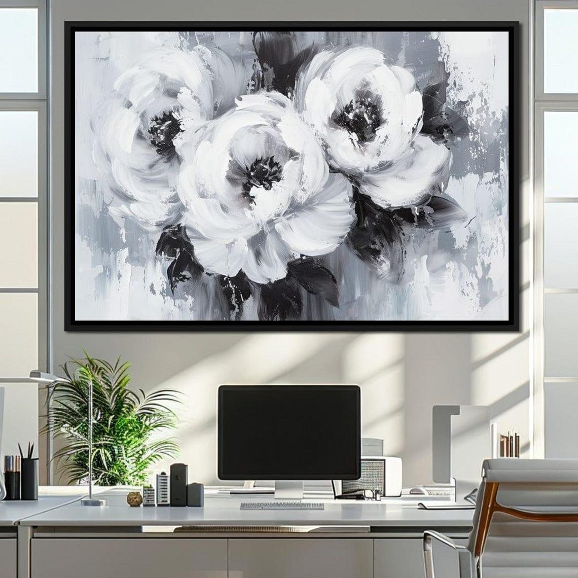 Monochrome White Flowers Abstract Black And White Botanical Art Print - Image 2